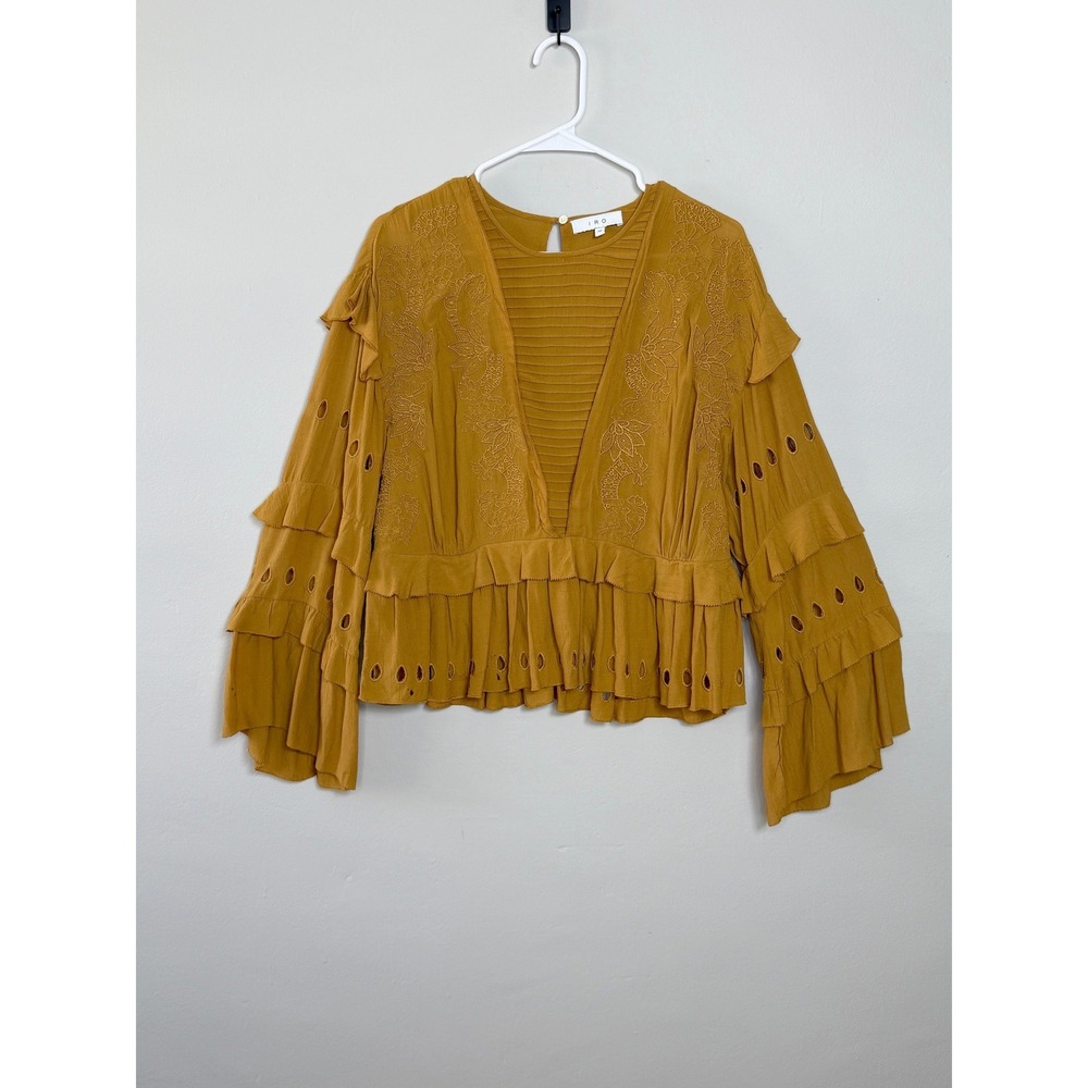 IRO‎ Jasper Blouse Womens 36-M Mustard Yellow Boho Embroidered Eyelet Ruffle Top